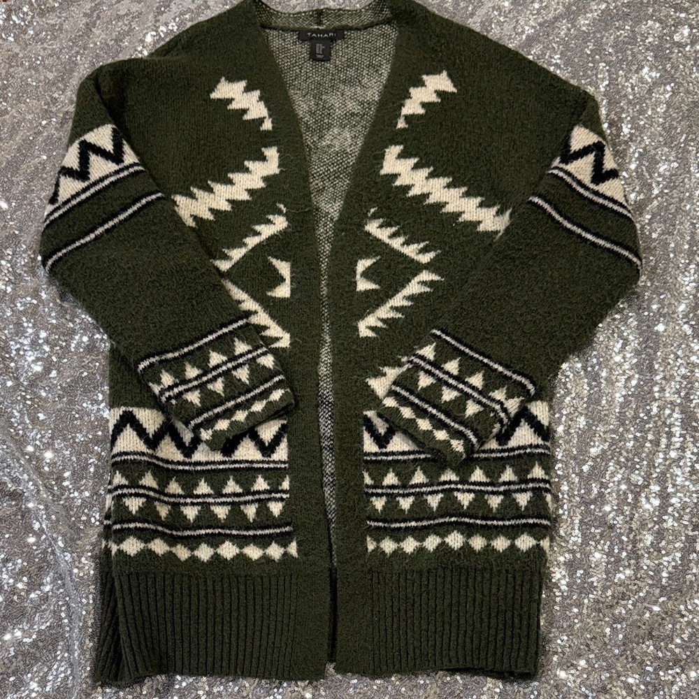 Tahari Forest Green and Cream Patterned Cardigan